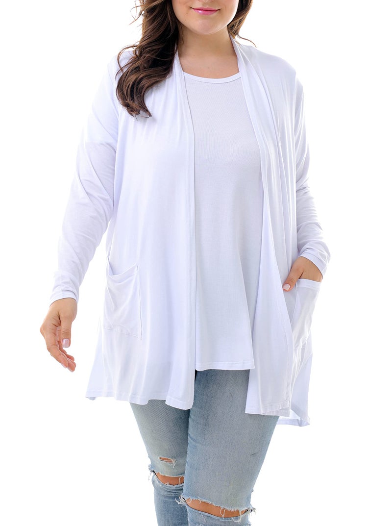 ZERDOCEAN Women's Plus Size Long Sleeve Lightweight Soft Printed Drape Cardigan with Pockets White 3X - Image 1